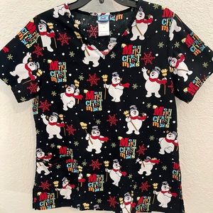 Frosty The Snowman Merry Christmas Holiday Scrub Top Medium